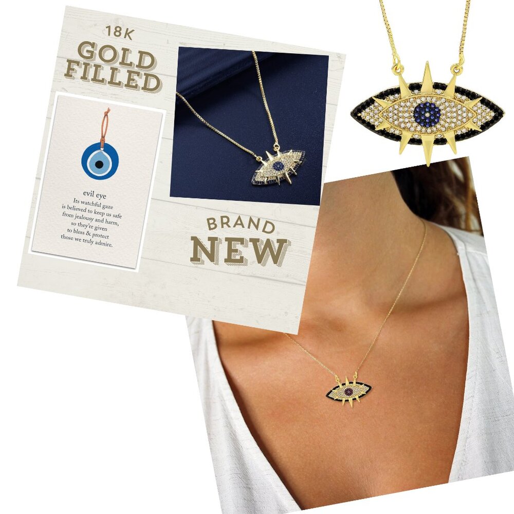 18K Gold Filled Evil Eye Protection Cubic Zirconia Pendant Chain Necklace NEW